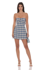 Blue Strapless Plaid Dress