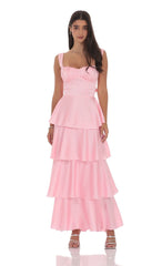 Satin Ruffle Maxi Dress in Pink
