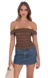 Ruffle Lace Off Shoulder Top in Brown