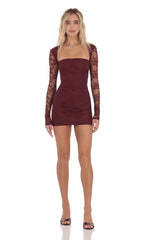 Lace Long Sleeve Bodycon in Burgundy