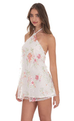 Floral Sequin Halter Shift Dress in White