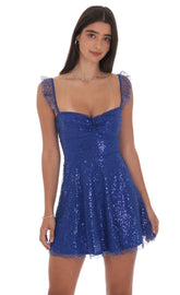 Sequin Ruffle Strap A-Line Dress in Blue