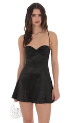 Satin Fit and Flare Dress in Black