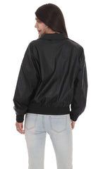 Woven Faux Leather Bomber Jacket in Black
