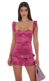 Satin Ruffle Corset Dress in Magenta