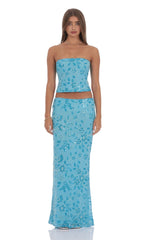 Strapless Beaded Floral Top in Aqua Blue