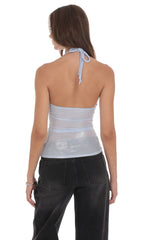 Foil Mesh Halter Top in Light Blue