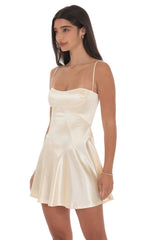 Satin V-Drop Waist Dress in Champagne