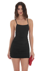 Ruched Bodycon Cross Back Dress in Black