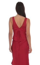 Satin V-Neck Top in Red