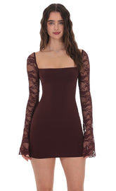 Lace Long Sleeve Bodycon Dress in Brown
