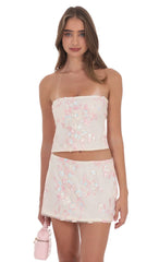 Floral Sequin Strapless Top in Cream