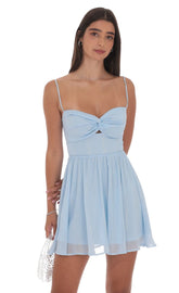 Shimmer Front Twist A-line Dress in Light Blue