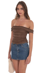 Ruffle Lace Off Shoulder Top in Brown