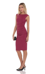 Open Back Ruched Midi Dress in Maroon