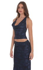 Floral Cowl Neck Halter Top in Navy
