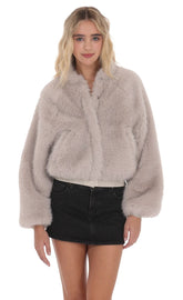 Faux Fur Bomber Jacket in Soft Taupe