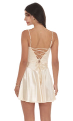 Satin V-Drop Waist Dress in Champagne