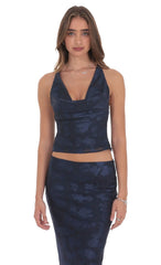 Floral Cowl Neck Halter Top in Navy