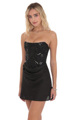 Black Sequin Draped Waist Dress