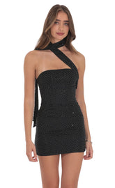 Scarf Rhinestone Mesh Bodycon Dress in Black