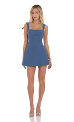 Lace Trim Open Back Dress in Denim Blue