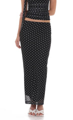 Polka Dot Mesh Pencil Maxi Skirt in Black