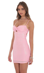 Foil Front Twist Bodycon Dress in Pink