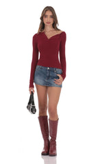 Off Shoulder Henley Top in Maroon