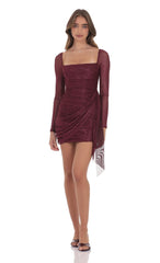 Foil Mesh Long Sleeve Tassel Dress in Burgundy