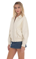 Woven Faux Leather Bomber Jacket in Ivory
