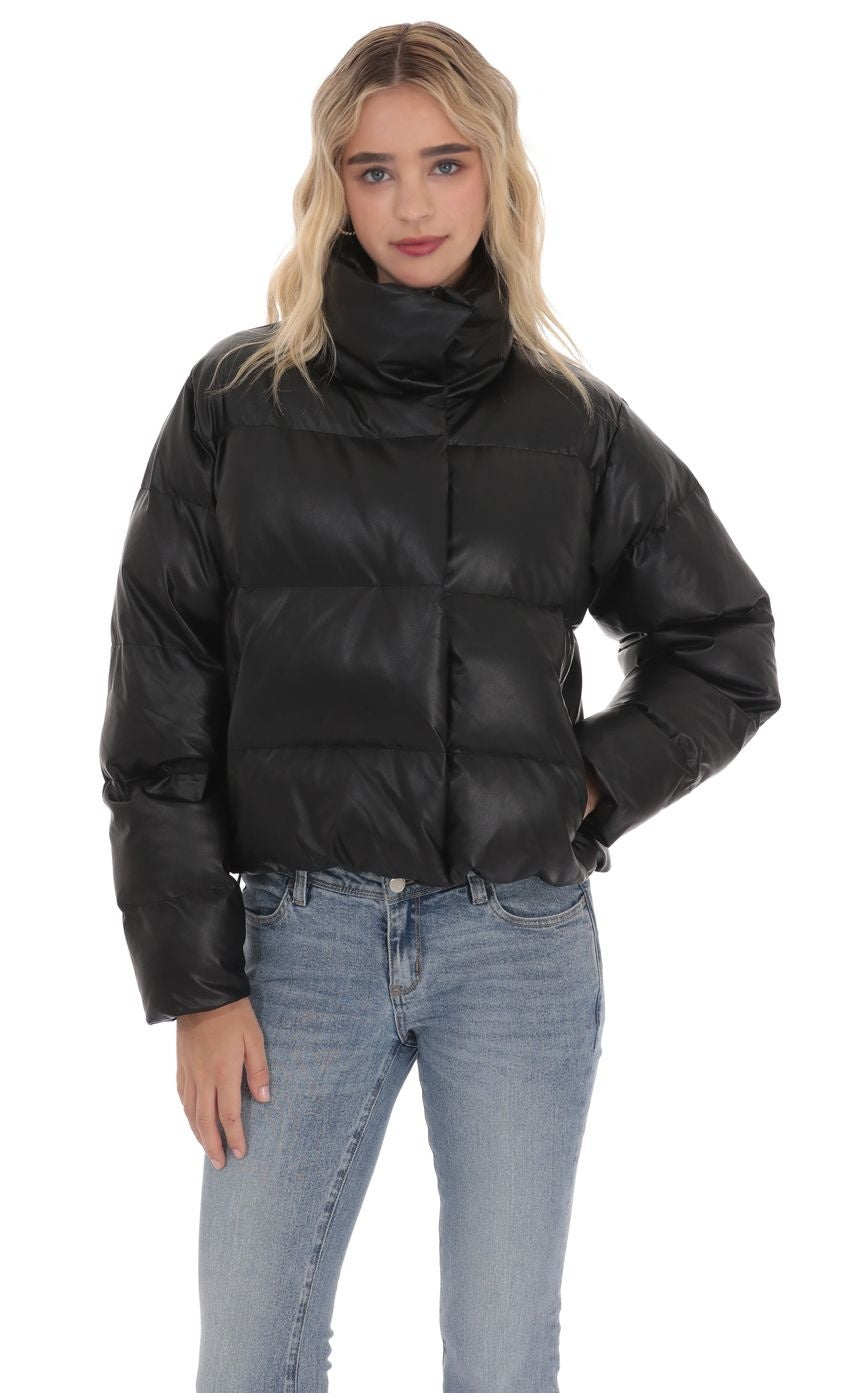 Black Faux Leather Puffer Jacket