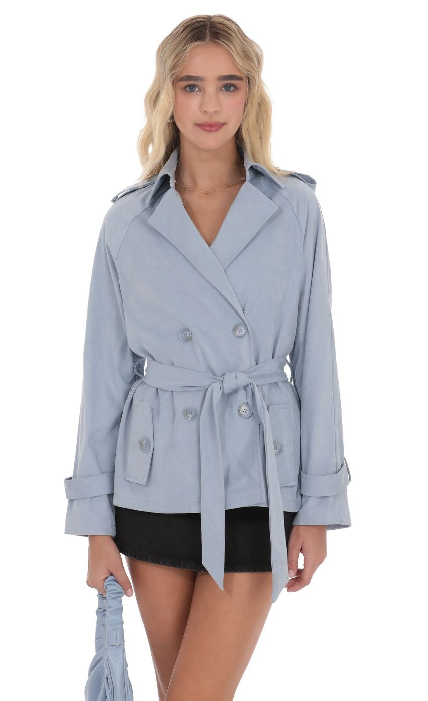 Suede Double Breasted Trench Coat in Sky Blue