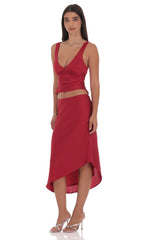 Satin Asymmetrical Midi Skirt in Red