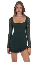 Green Lace Ruffle Long Sleeve Dress