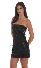 Strapless Sequin Fringe Dress in Black