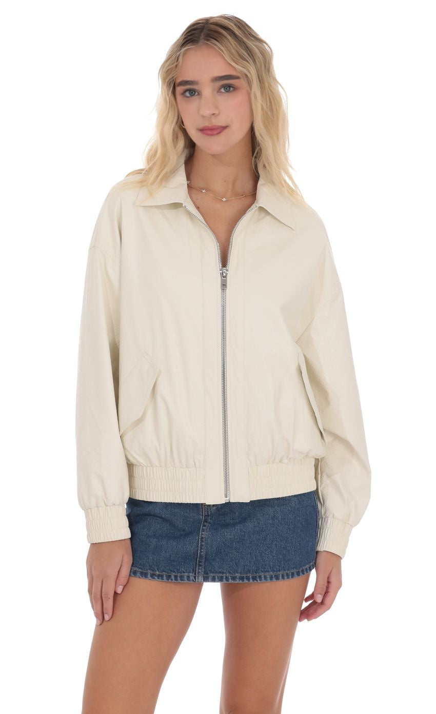 Woven Faux Leather Bomber Jacket in Ivory