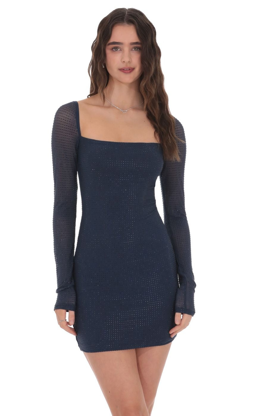 Rhinestone Long Sleeve Dress in Navy