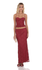 Gold Thread Lace Maxi Skirt in Wine Red