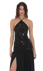 Drop Waist Sequin Maxi Dress in Black