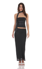 Polka Dot Mesh Pencil Maxi Skirt in Black