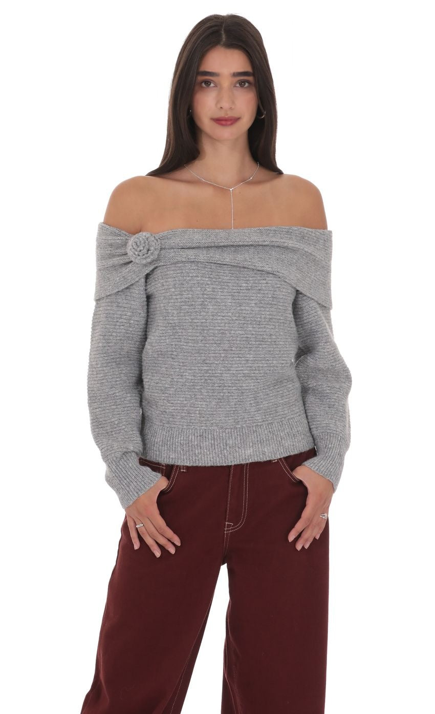 Rosette Off Shoulder Jumper in Grey