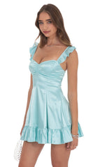 Satin Ruffle Fit and Flare Dress in Cyan