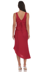 Satin Asymmetrical Midi Skirt in Red