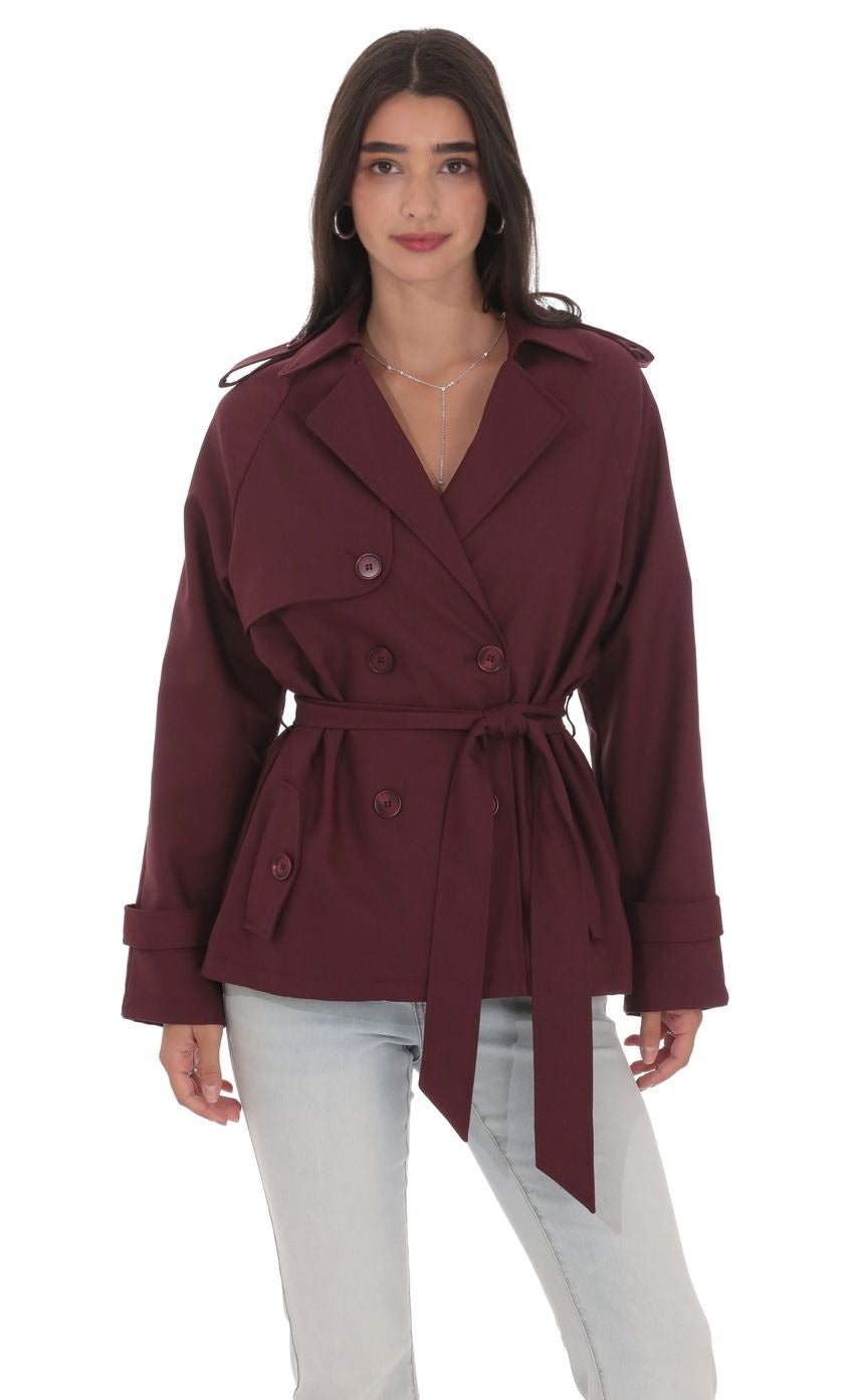 Double Breasted Trench Coat in Burgundy