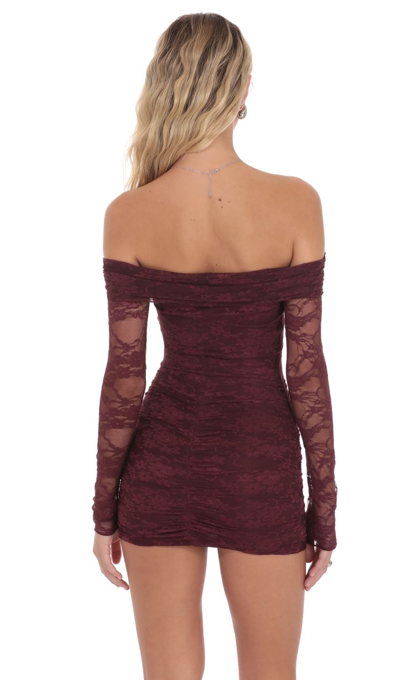 Off-the-Shoulder Long-Sleeve Lace Dress in Burgundy