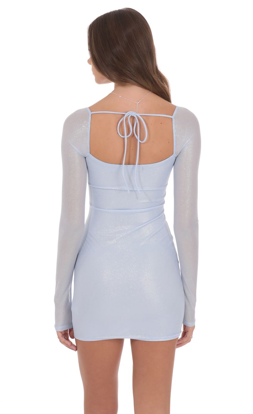 Light Blue Foil Mesh Long Sleeve Bodycon Dress