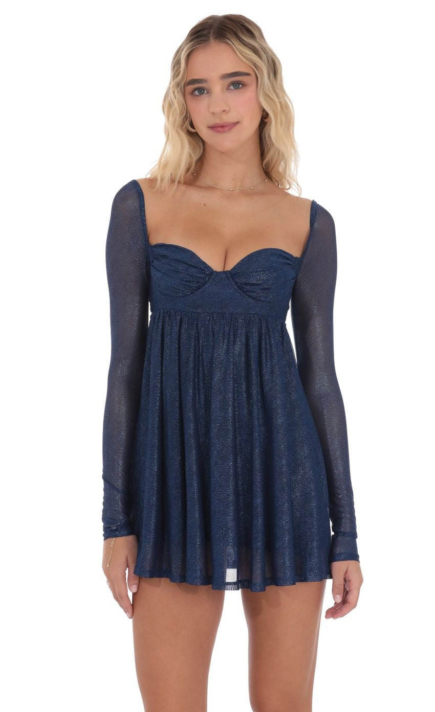 Foil Long Sleeve Babydoll Dress in Navy