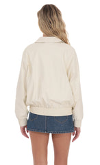 Woven Faux Leather Bomber Jacket in Ivory