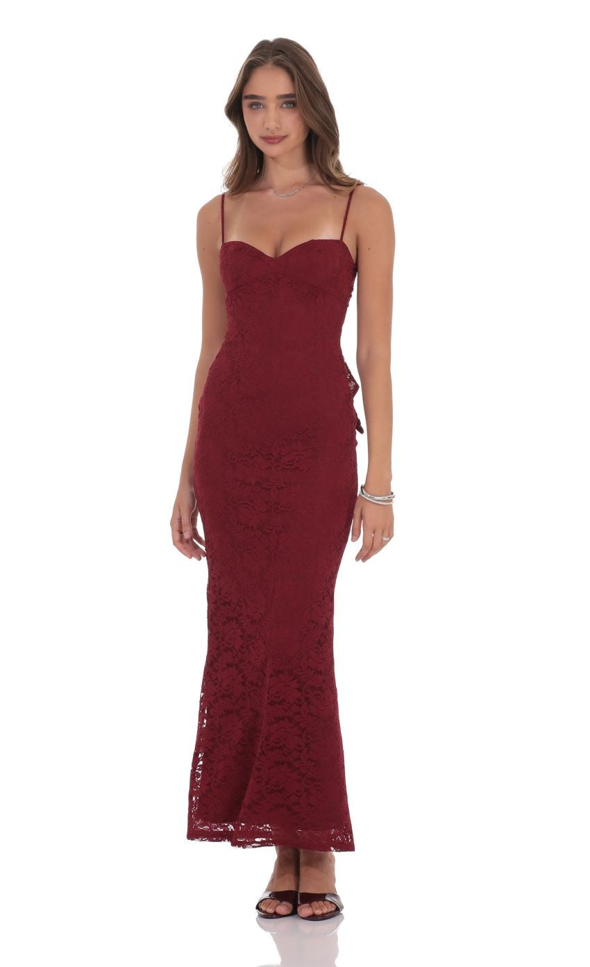 Lace Back Bow Maxi Dress in Burgundy